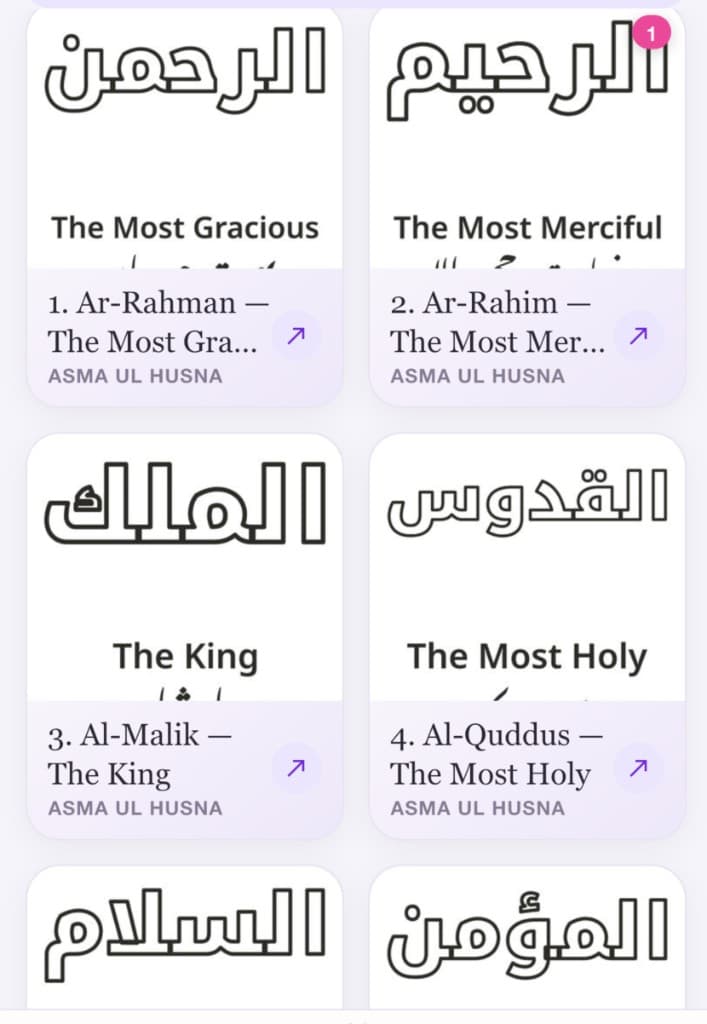 ColorDood library grid of 99 Names of Allah coloring pages, including Ar-Rahman, Ar-Rahim, Al-Malik, and Al-Quddus.