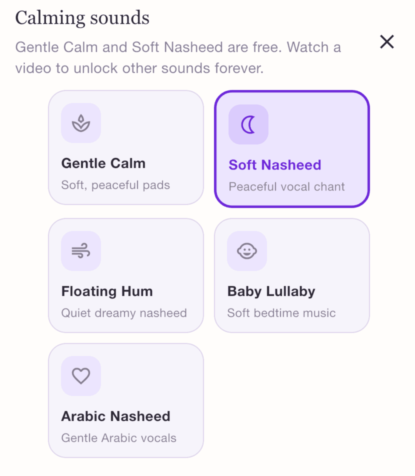ColorDood calming sounds picker with Soft Nasheed selected, plus Floating Hum, Baby Lullaby, and Arabic Nasheed.