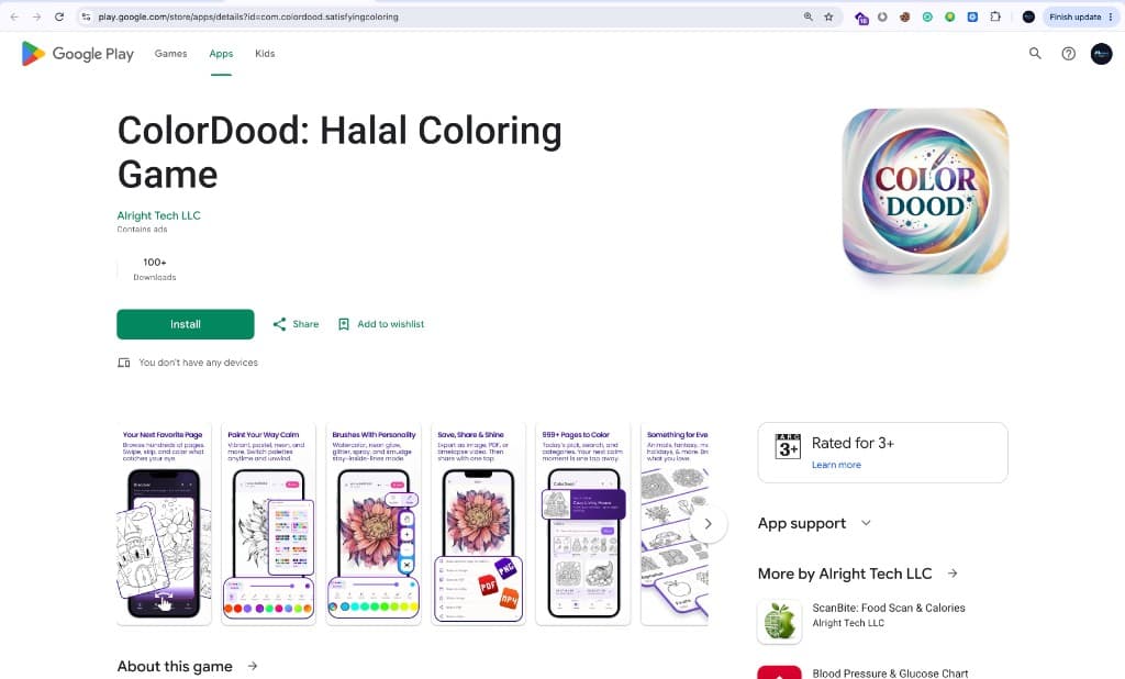 Google Play Store listing for ColorDood: Halal Coloring Game by Alright Tech LLC, showing the live Android product page.