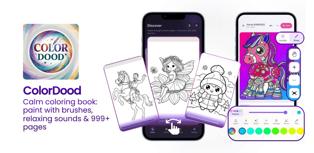 ColorDood free calm coloring book app — brushes, relaxing sounds and 999+ pages